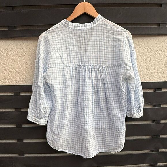 Zara Basic Lightweight Gingham Check Button Front Blouse in Light Blue/White |XS - Picture 2 of 7